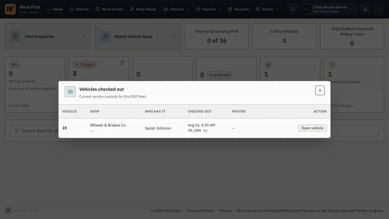 The checked-out vehicle list shows a sample vehicle in vendor custody.