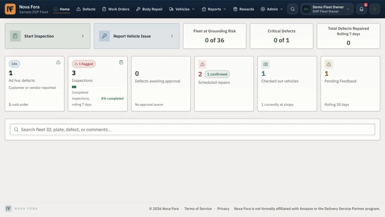 DSP Home showing action cards and the search box beneath them.