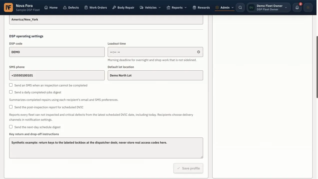 Organization settings showing loadout time, lot location, notifications, and key return instructions.