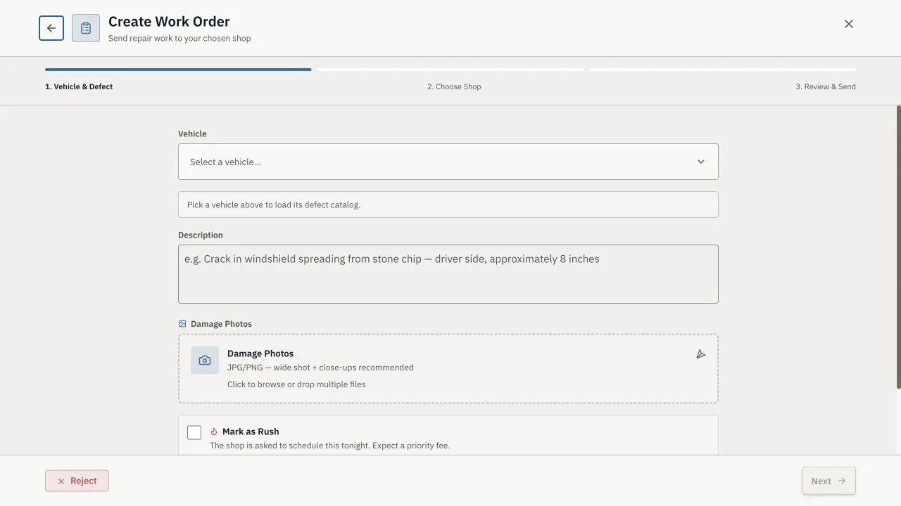 The vehicle issue form collects the problem, photos, and urgency.