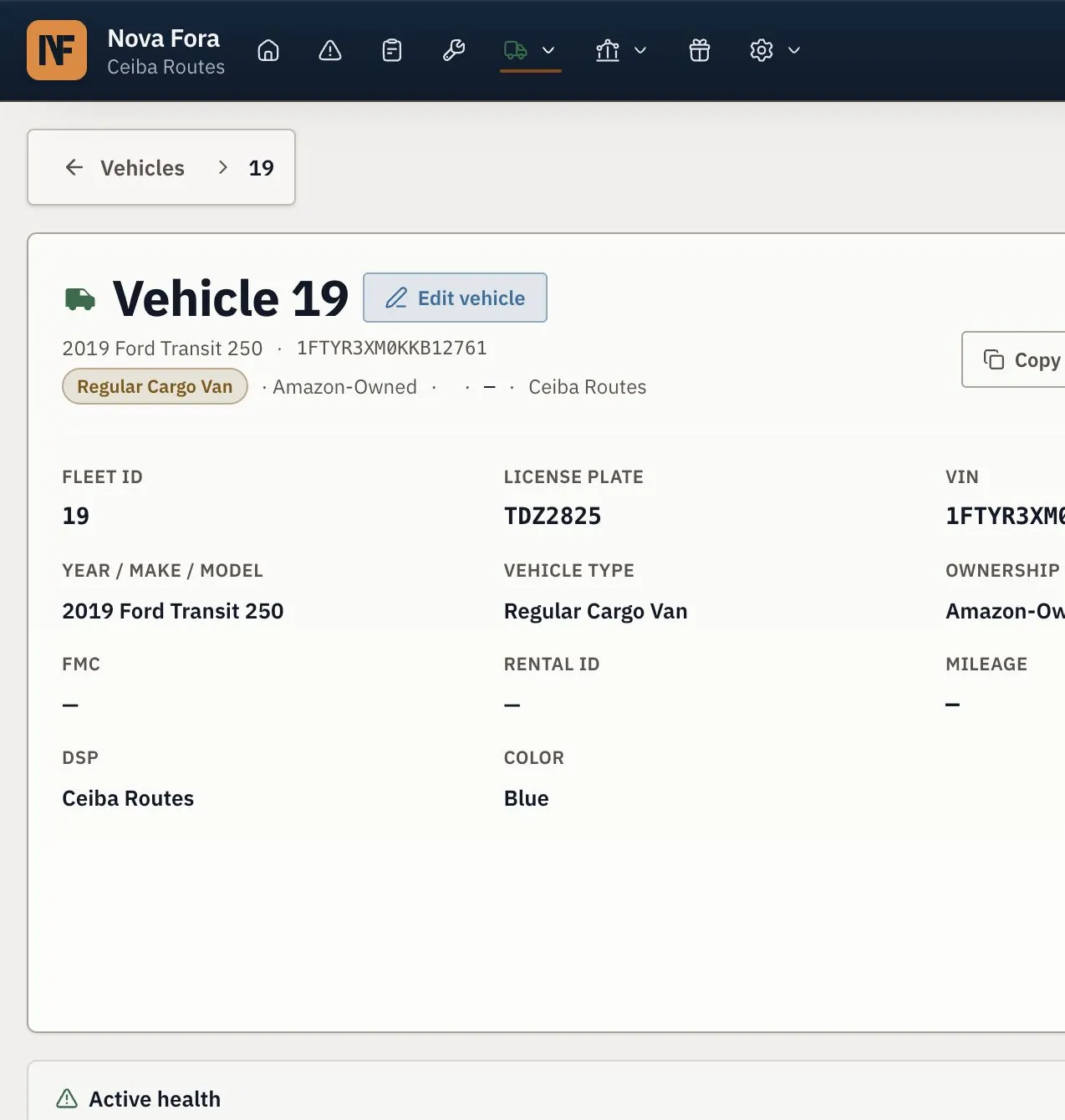 A vehicle detail page includes its custody history.