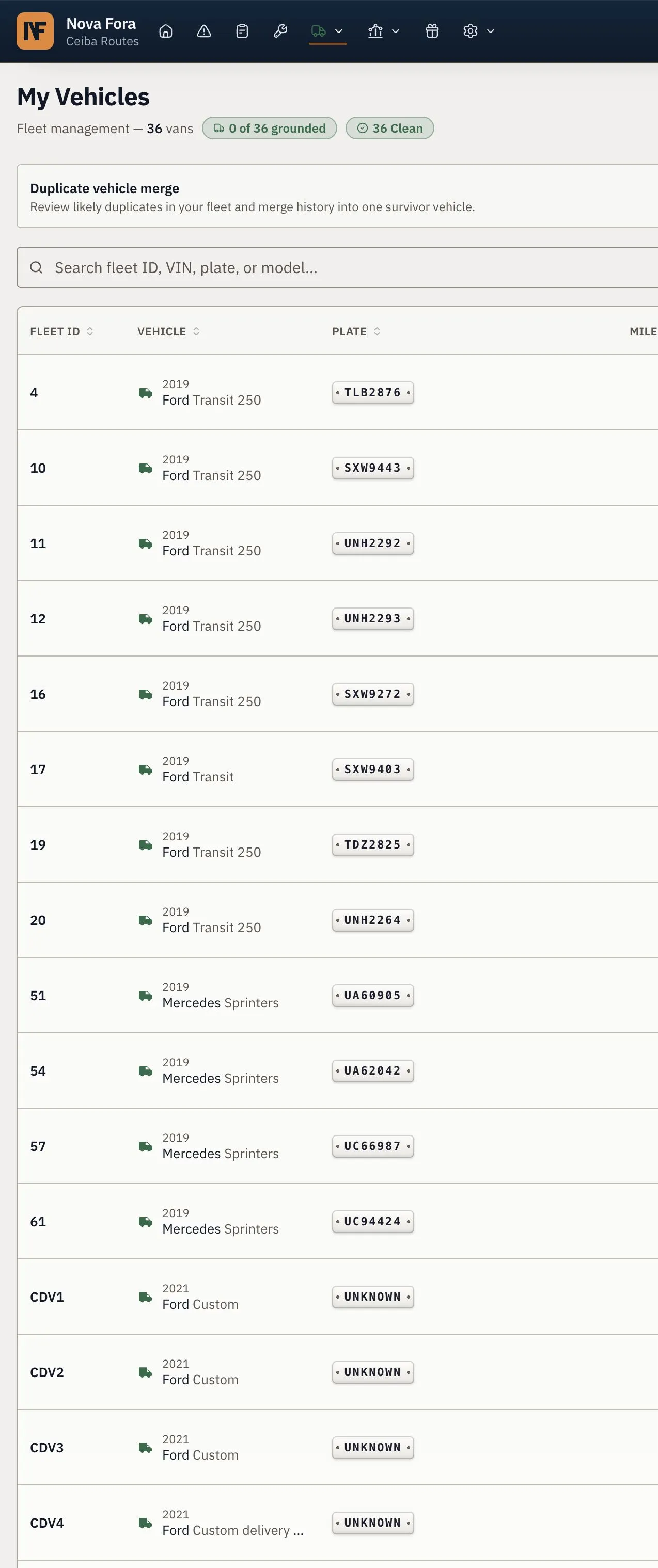 The DSP vehicle list contains sample fleet records and fleet actions.