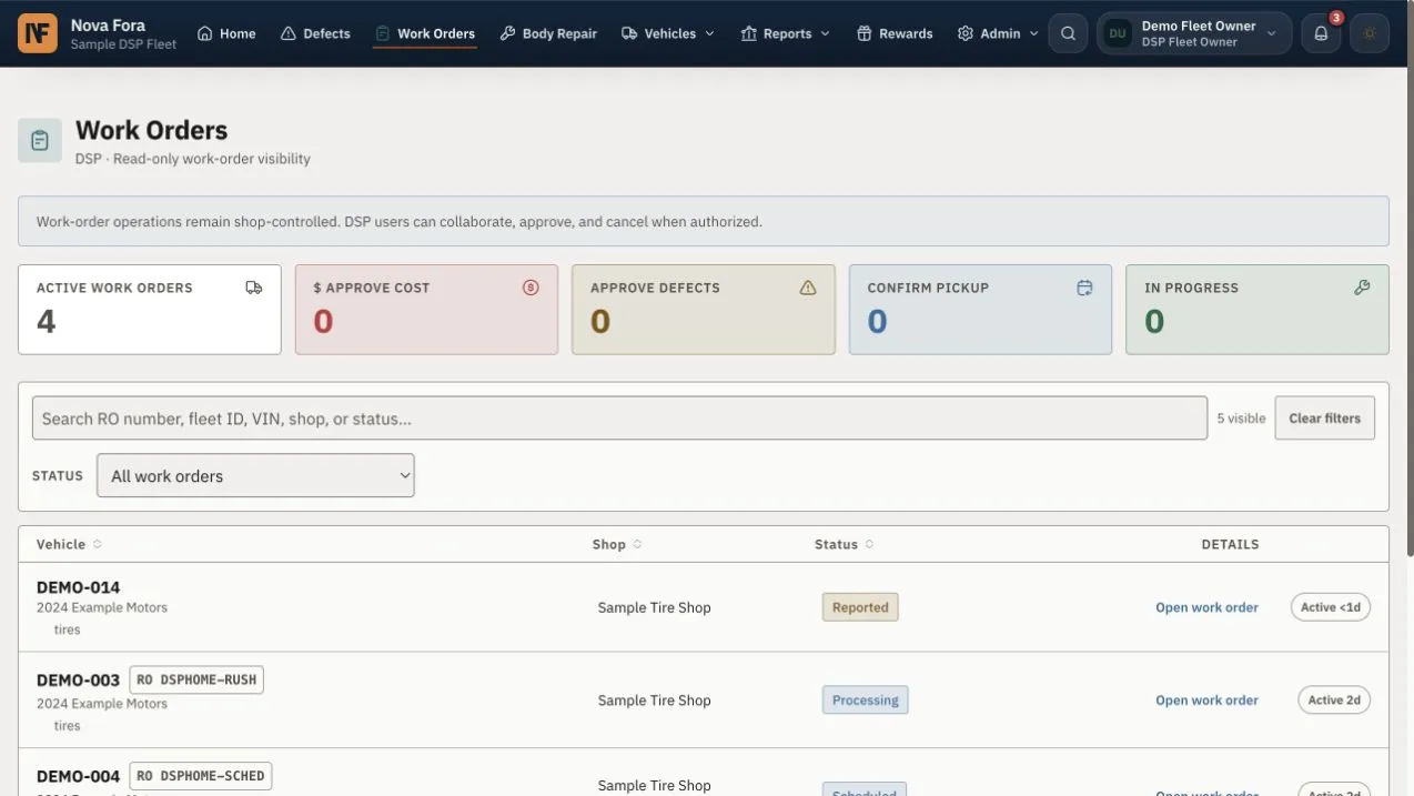 The DSP repair view shows work sent to shops.