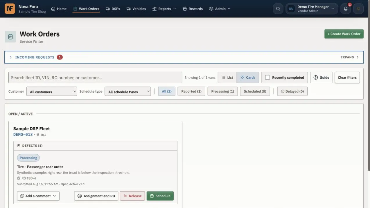 The active work board provides search, filters, assignment, and scheduling controls.