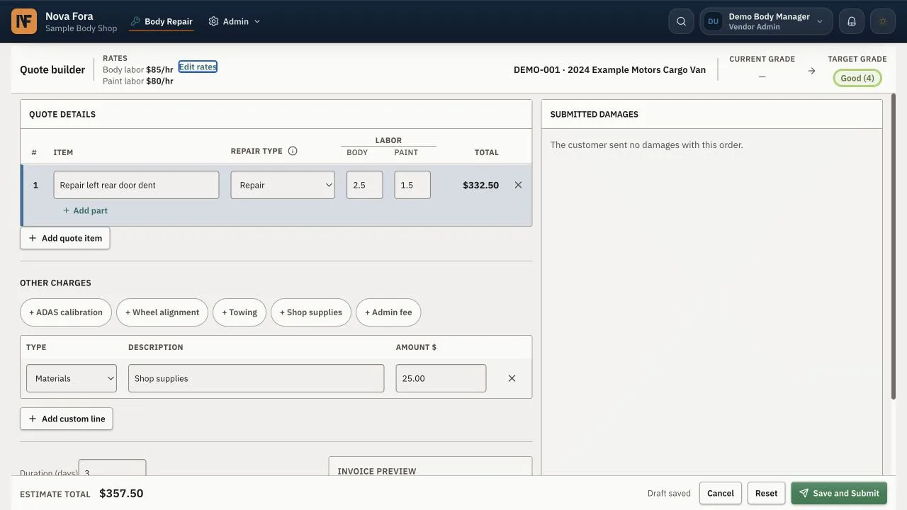 Body Repair quote builder showing a repair item, labor, other charges, and Save and Submit.