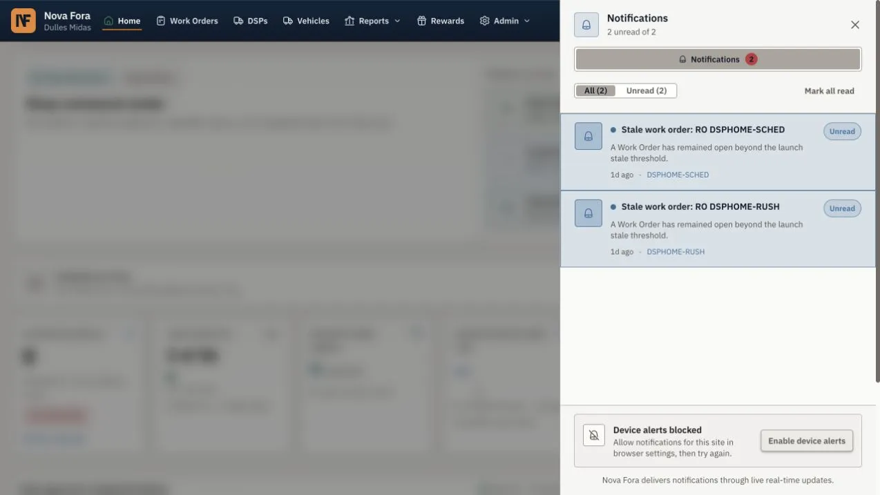 The vendor notification panel shows unread repair updates.