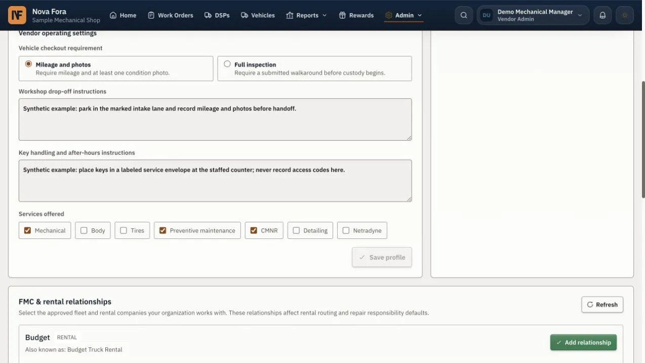 Shop settings define handoff evidence, instructions, and repair services.