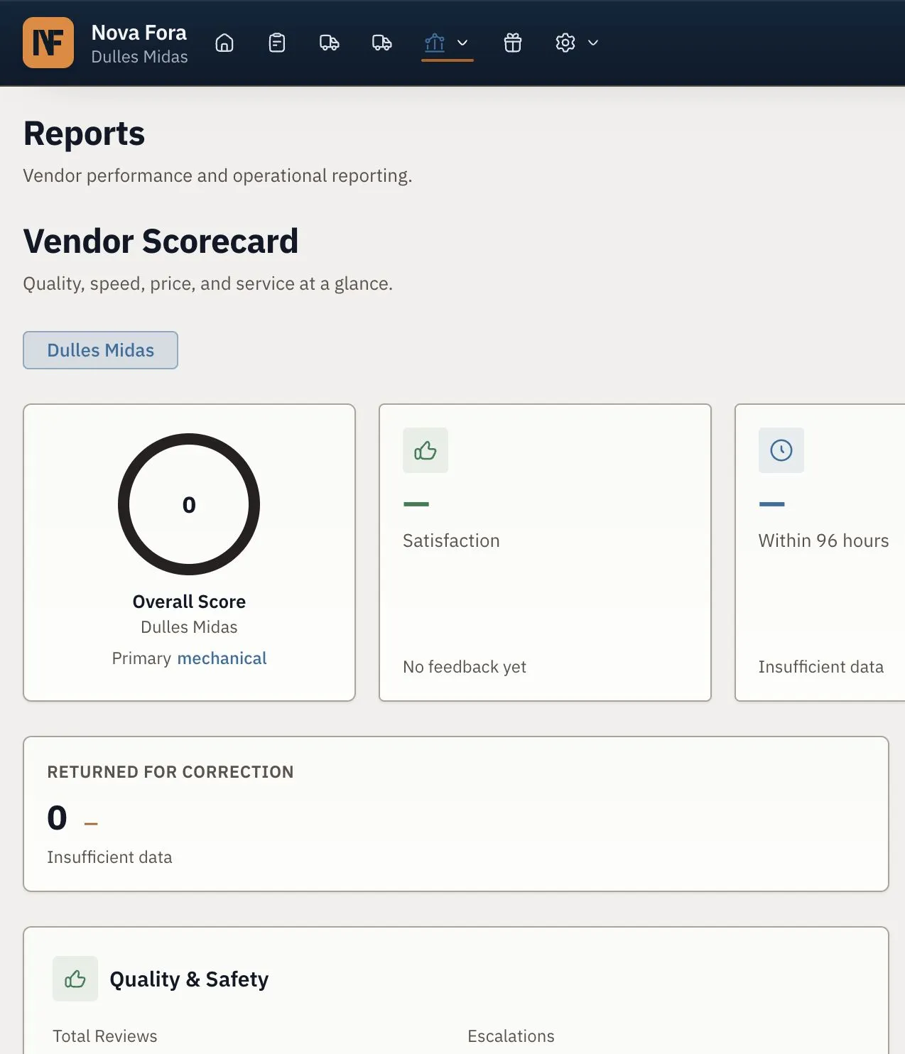 The vendor report area provides report choices and performance controls.