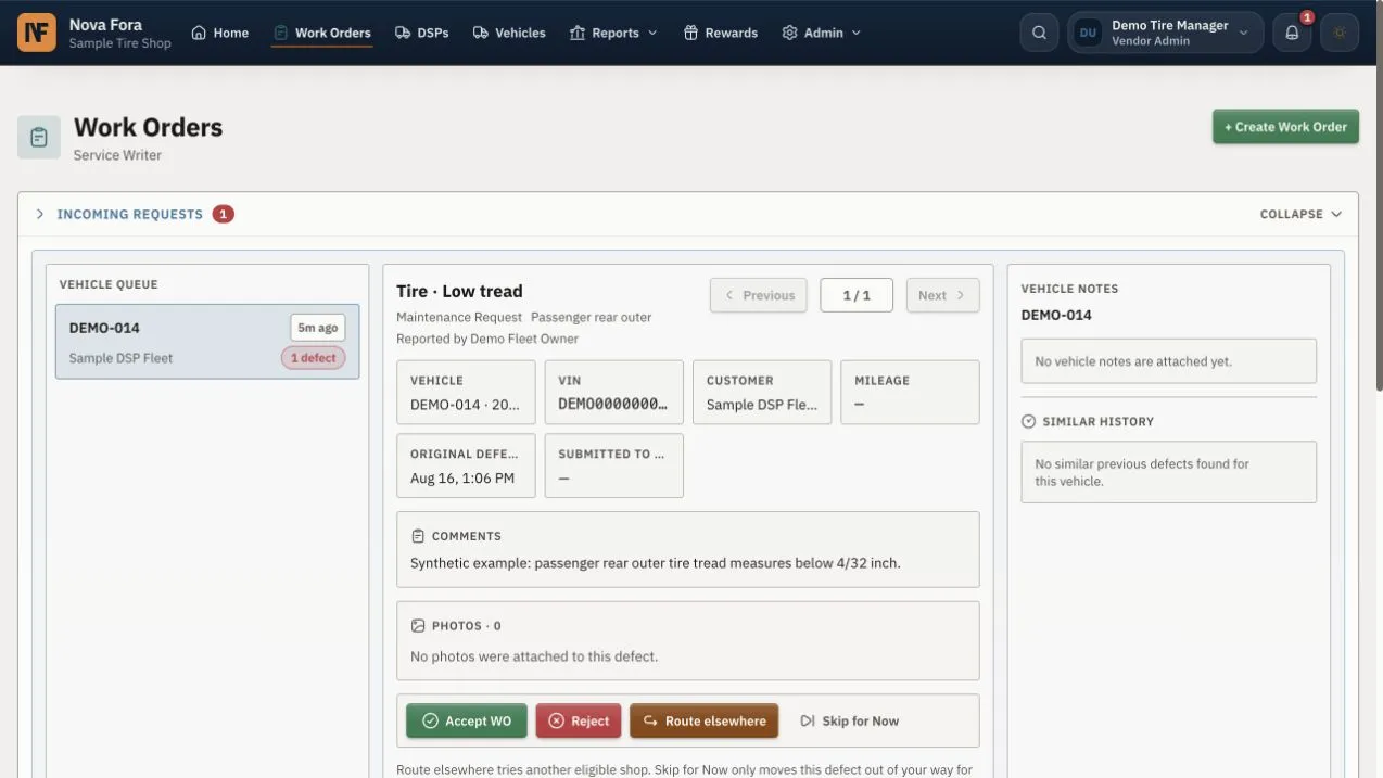 A populated vendor work queue with repair actions.
